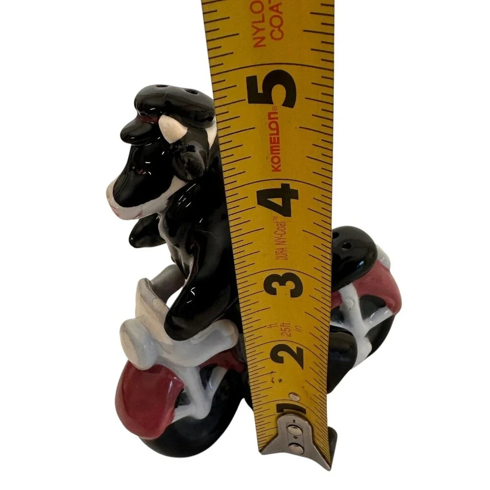 Vintage Cow Black Jacket Motorcycle Biker Salt & Pepper Shakers Stamped Clay Art